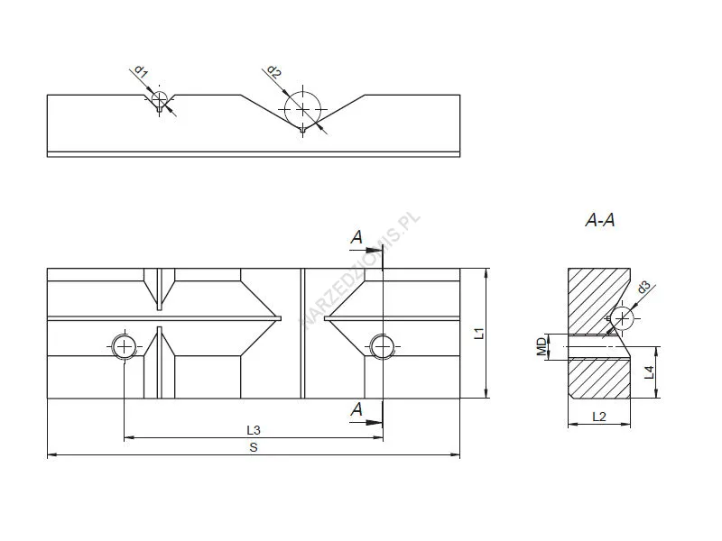 Rysunek techniczny: Szczęka do imadła pryzmowa WSP 100 mm do typu: 6517,6518 (mniejszy otwór) - BISON-BIAL